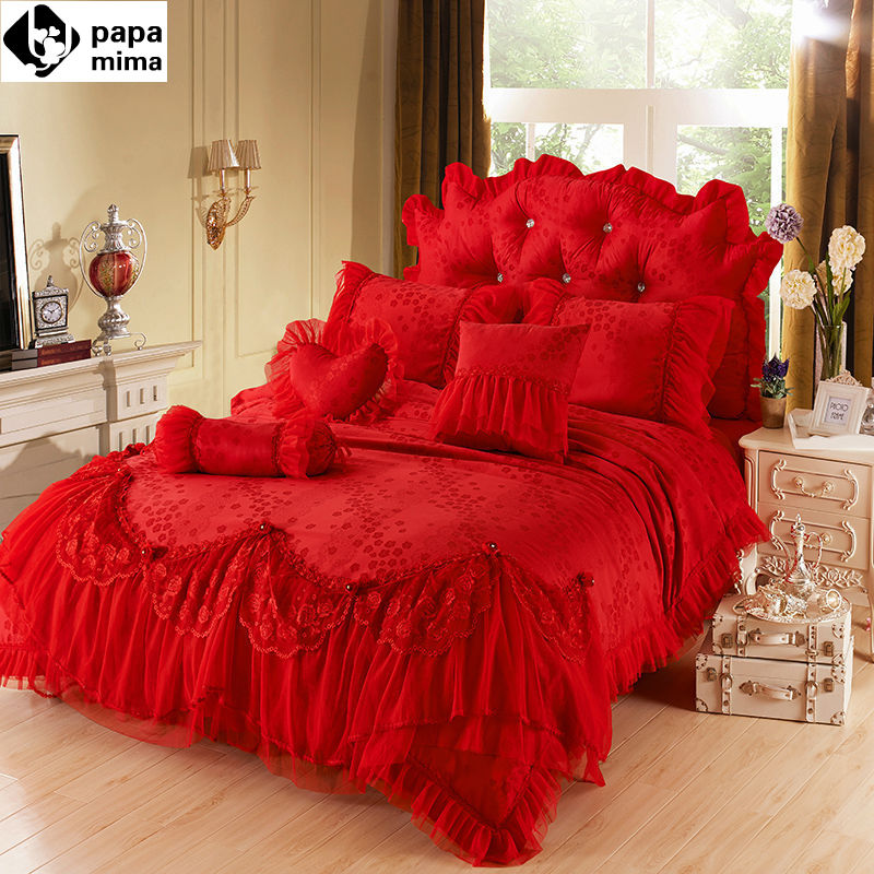  ī ũ  ħ Ʈ 4pcs ũ ̽  ̺ Ŀ ħ뺸 ħ ġ ̺ ŷ  /Red luxury Jacquard Silk Princess bedding set 4pcs silk Lace Ruffles duvet cover